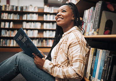 Buy stock photo Black woman student, reading or library floor for religion, study or bible in research, focus or learning. African college student, christian education or studying god book for knowledge in Chicago