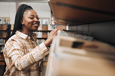Buy stock photo Student, checking or library bookshelf on school, college or university campus for education, learning or studying. Smile, happy or excited black woman in textbook search, research or retail shopping
