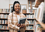 Portrait, black woman and library with book, knowledge and relax with free time. Nigerian female, student smile and customer in bookstore, for reading and literature for education, study and research