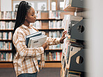 Books store, library choice and customer with retail decision for education product, university study or college research. Learning commerce service, student shelf and black woman shopping for sales
