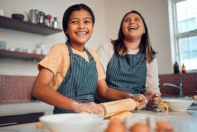 Buy stock photo Happy family, mother and girl baking a cake, cookies or muffin in a kitchen laughing at home. Eggs, funny mom and young child holding a rolling pin for flour, wheat or dough learning cooking skills