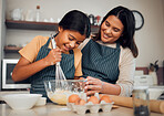 Bakery, baking and woman with girl learning to bake, cooking skill and development with happiness and help. Mother, child with fun activity and teaching to learn with food ingredients in family home.
