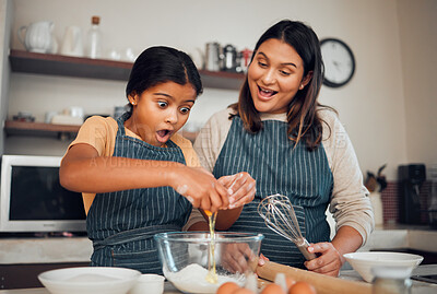 Buy stock photo Family, cooking breakfast and child learning in kitchen for chef training, development support and food teamwork in home. Mother, girl and baking for love, quality time or bonding to prepare recipe