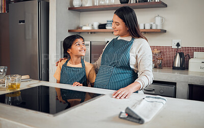 Buy stock photo Cooking, happy and mother and girl in kitchen for food, bonding or pregnancy. Help, learning and breakfast with pregnant woman baking with daughter for support, preparation or teaching in family home