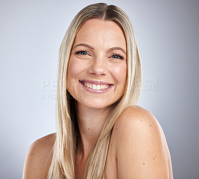 Buy stock photo Portrait, woman and haircare with smile, cosmetics and natural beauty on grey studio background. Female, lady or hair style for shine, smooth or soft for confidence, treatment or salon style to relax