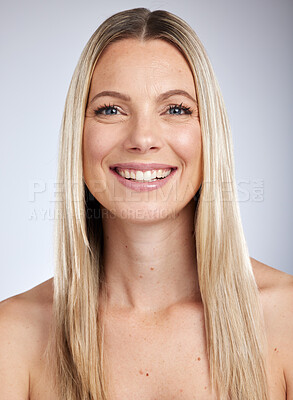 Buy stock photo Face portrait, makeup and skincare of woman isolated on a gray studio background. Natural beauty, cosmetics and happy female model from Canada with healthy and glowing skin after facial treatment.