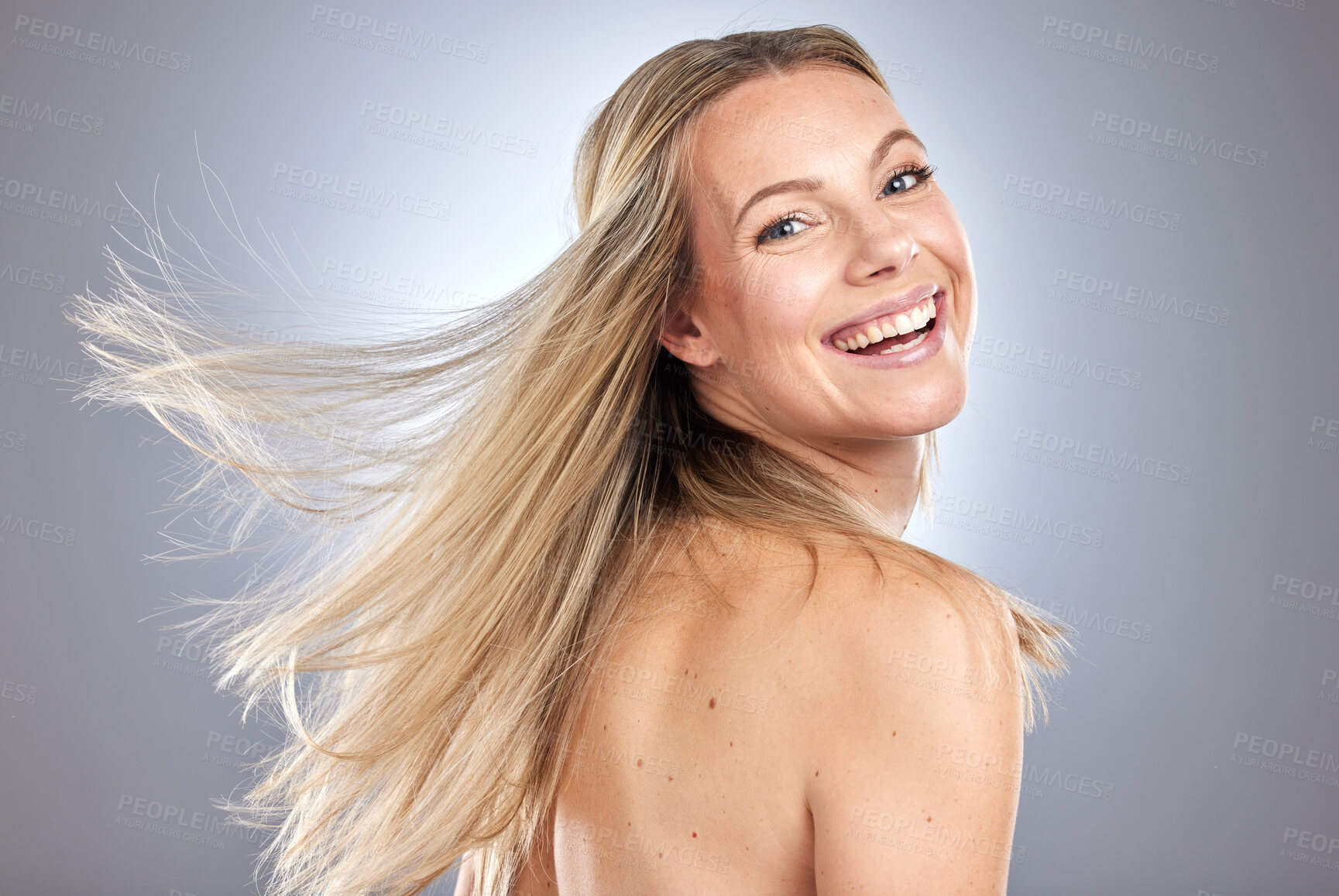 Buy stock photo Face, back and beauty skincare of woman in studio isolated on a gray background mockup. Cosmetics, makeup and smile of happy female model with glowing and healthy skin after spa facial treatment.