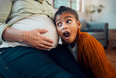 Buy stock photo Pregnancy, family and girl with ear to pregnant belly with wow, shock and surprise expression on face. Love, family home and excited child with pregnant mother listening to baby heartbeat on stomach