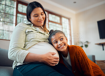 Buy stock photo Love, home and pregnant mother with child listening to movement of baby in belly with happy smile. Family home, pregnancy and mom relaxing with excited, young and curious daughter on sofa.

