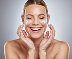 Skincare, face cream and woman in studio for beauty, wellness and grooming on grey background mockup. Facial, sunscreen and girl face model relax with luxury skin product, happy with mask treatment