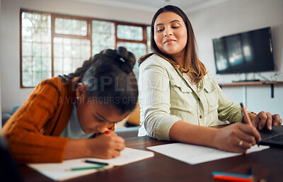 Buy stock photo Homeschool, girl with homework or mother writing, learning or studying in house. Mama watch daughter write in notebook, remote and happy working from home, relax or focus on notebook and freelancer