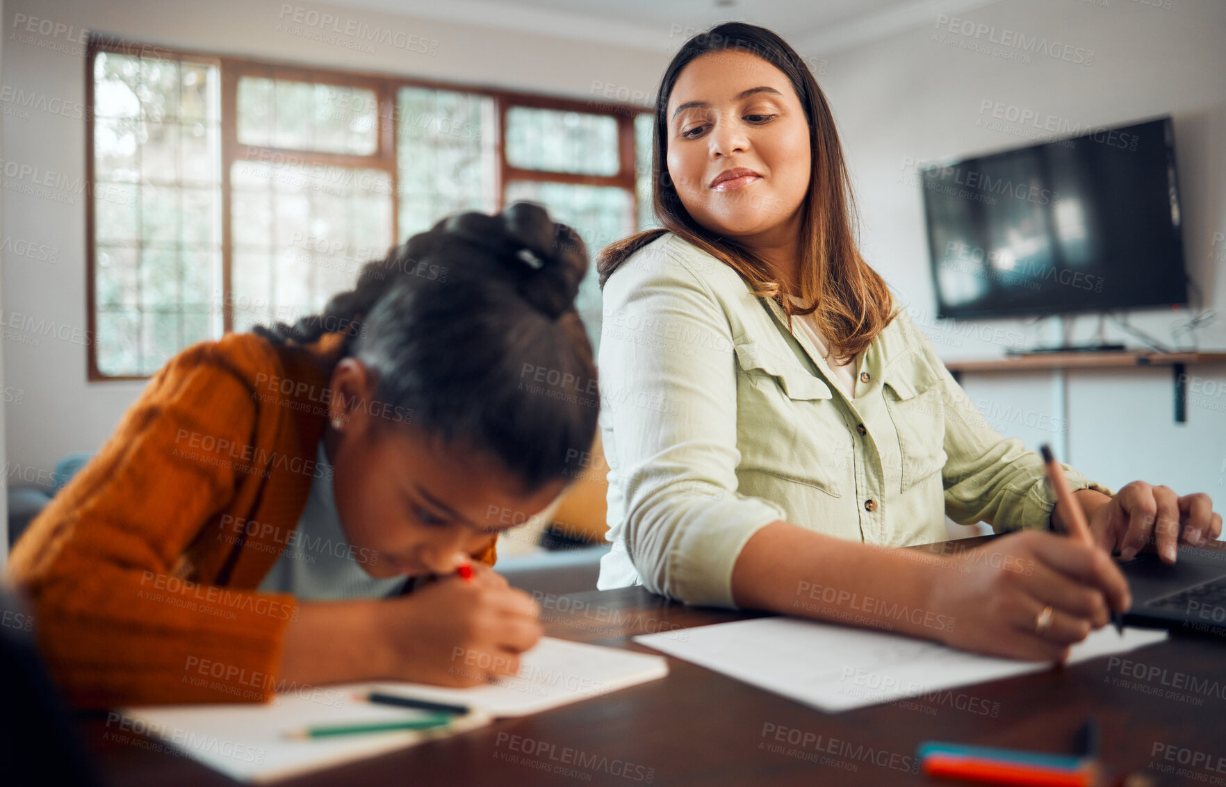 Buy stock photo Homeschool, girl with homework or mother writing, learning or studying in house. Mama watch daughter write in notebook, remote and happy working from home, relax or focus on notebook and freelancer