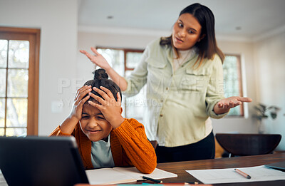 Buy stock photo Education, fail and children with a student girl and indian woman looking confused or in doubt while distance learning. Autism, student or internet with a female pupil elearning at home with a parent