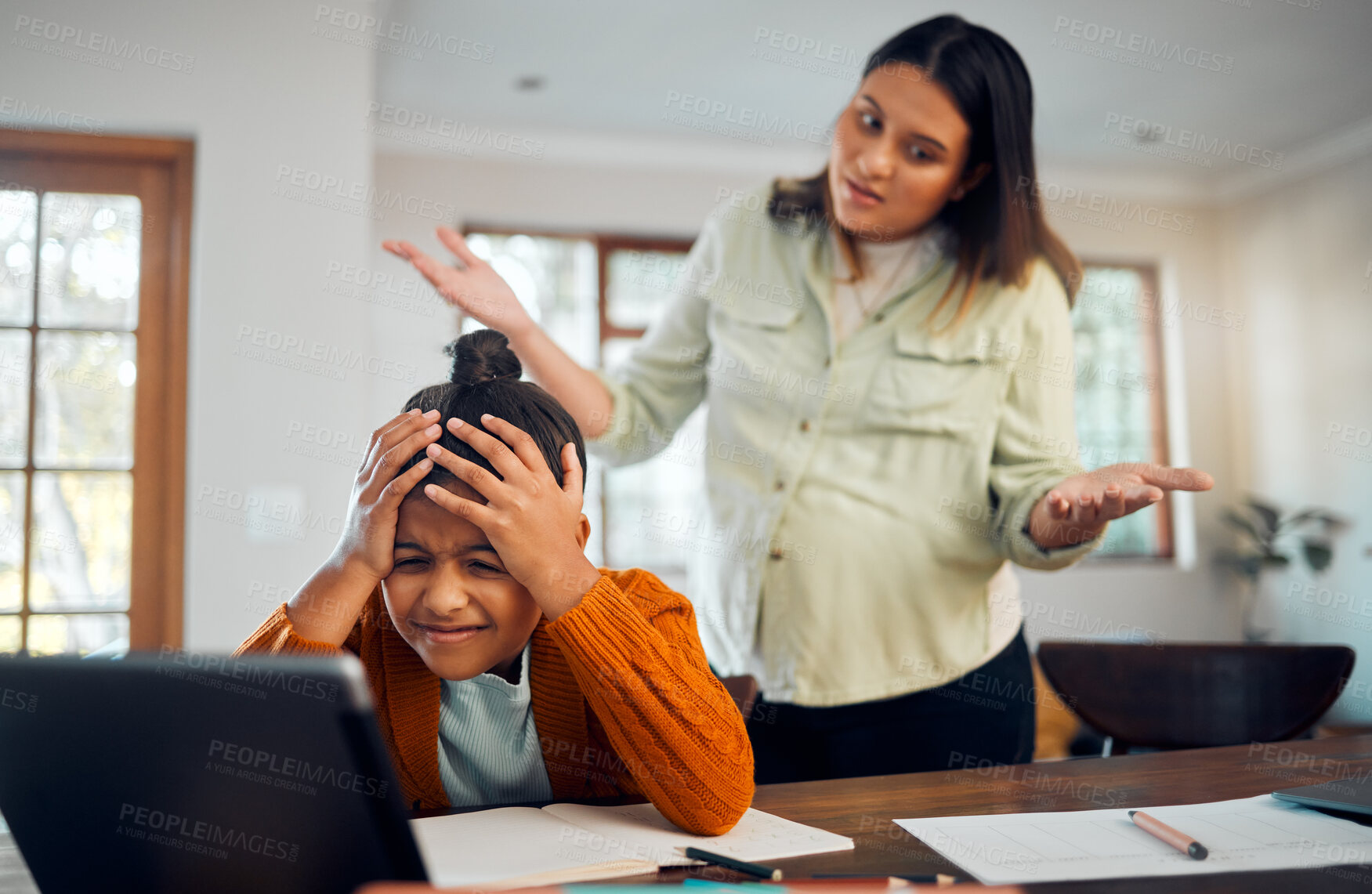 Buy stock photo Education, fail and children with a student girl and indian woman looking confused or in doubt while distance learning. Autism, student or internet with a female pupil elearning at home with a parent