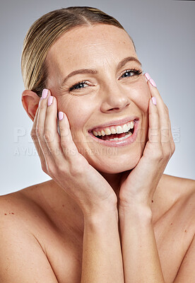 Buy stock photo Skincare, beauty and woman in studio portrait for cosmetics, makeup and facial wellness with hands for manicure, luxury and spa. Face of a happy woman model with dermatology skin care and health