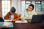 Help, education and homework with girl and mother writing for work from home, support and education. Laptop, virtual and remote learning with student and mom for development, home school and online 