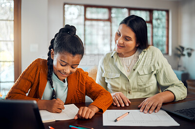 Buy stock photo Math, education and girl with mother learning multiplication in home. Home school, homework and mom helping to teach child mathematics, numbers and studying while writing in book at desk in house.