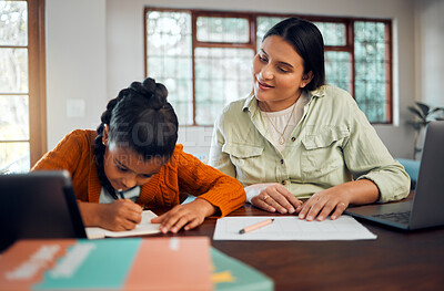 Buy stock photo Child, homework and learning with mother while writing in notebook for virtual education class at table at home with support, care and supervision. Woman helping girl with school work in house