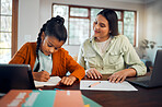 Mother, girl or technology in homework help, distance learning course or house lockdown education in dining room. Smile, happy mom or woman teaching student on paper documents, tablet or study laptop