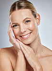 Skincare, smile and woman in studio portrait for beauty, aesthetic and cosmetics results with hands for spa, luxury and self love. Face of a beauty model with skin care glow, shine and natural makeup