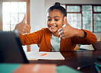 Girl, thumbs up and laptop for home school, video call and learning on internet with smile in home. Female child, yes and computer with happiness, education or study on web for future success at desk