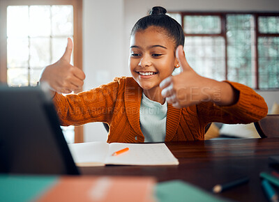 Buy stock photo Girl, thumbs up and laptop for home school, video call and learning on internet with smile in home. Female child, yes and computer with happiness, education or study on web for future success at desk