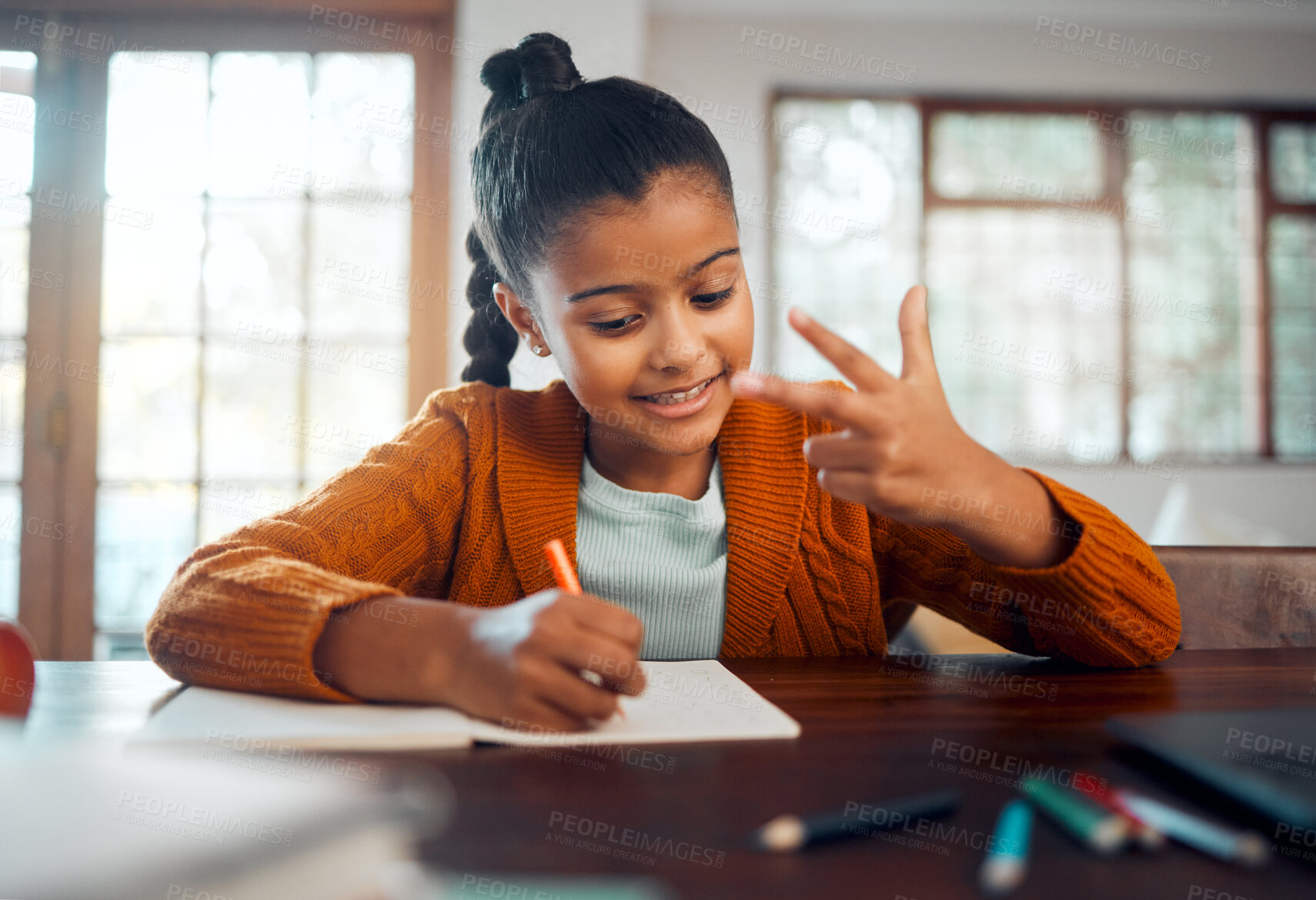 Buy stock photo Home, math and child with numbers on hands for education, learning and knowledge at living room table on notebook and stationery. Hand calculation and girl or student at desk writing notes for class