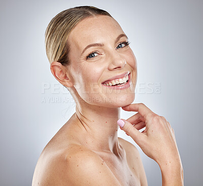 Buy stock photo Skincare woman, portrait and smile for beauty, aesthetic or happy for cosmetic glow by studio backdrop. Model, skin wellness and happiness for natural cosmetic, face or health for self care in studio