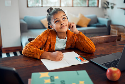 Buy stock photo Education, writing or girl in a house thinking of solutions, learning math problem solving or child development. Ideas, child or young Indian school student busy with homework assessment in notebook