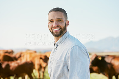 Buy stock photo Cows, farm and black man portrait happy about cattle agriculture, farming and nature in summer. Grass field, ecology industry and businessman checking animal meat production with a smile outdoor
