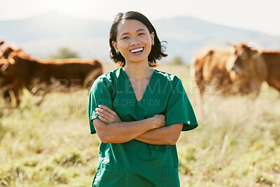 Buy stock photo Woman, vet or arms crossed on cow farm, dairy agriculture field or beef produce countryside in wellness goals or vaccine innovation. Portrait, smile or happy animal doctor in bovine cattle healthcare