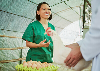 Buy stock photo Woman, chicken eggs or farming customer on countryside agriculture, sustainability environment or industry coop. Happy smile, talking poultry farmer or man in production sales deal or retail export