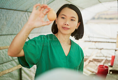 Buy stock photo Veterinary, egg and medical with woman on farm for agriculture, healthcare and quality control. Help, sustainability and safety with animal nurse in hangar for production, ecology and eggs inspection