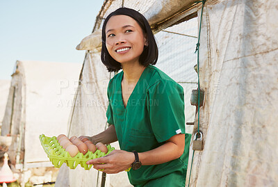 Buy stock photo Small business, chicken or happy farmer with eggs from livestock or organic poultry farming production. Sustainability, development or Asian woman with protein from a natural environment in Japan