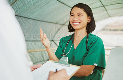 Buy stock photo Healthcare, documents and farm with a vet asian woman in a greenhouse for medicine or sustainability. Animal care, doctor or agriculture with a female medicine professional working in the countryside