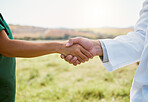 Farm, handshake and b2b partnership deal for sustainability, agriculture and industry innovation in nature. Farmer, shaking hands and men meeting for collaboration on green business, startup and idea