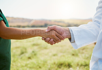 Buy stock photo Farm, handshake and b2b partnership deal for sustainability, agriculture and industry innovation in nature. Farmer, shaking hands and men meeting for collaboration on green business, startup and idea