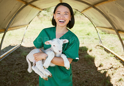 Buy stock photo Portrait, vet and animal on farm for livestock inspection, animal care and environment check up in countryside. Agriculture, veterinarian and woman with a lamb for farming check up, happy and smile 