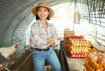 Buy stock photo Chicken, eggs and agriculture with asian woman on farm for sustainability, free range or food. Organic, livestock and poultry with portrait of girl farmer in hangar for production, market and farming