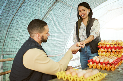 Buy stock photo Egg farmer, food and couple at chicken farm checking health, production or growth of eggs. Poultry agriculture, sustainability or inspection of protein products with happy man and Asian woman in barn