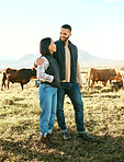 Nature, summer and couple in field with cows, happy dairy farmer on grass with animals. Sustainability, farming and man with woman and smile at animal farm, happiness and grazing livestock in summer.
