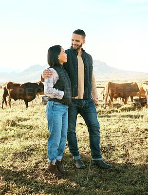 Buy stock photo Nature, summer and couple in field with cows, happy dairy farmer on grass with animals. Sustainability, farming and man with woman and smile at animal farm, happiness and grazing livestock in summer.