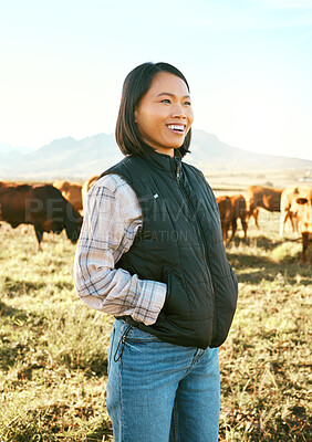 Buy stock photo Cow, farmer and asian woman on grass field in nature for meat, beef or cattle food industry. Happy, smile and farming success for cows, livestock and agriculture animals, milk production and growth 