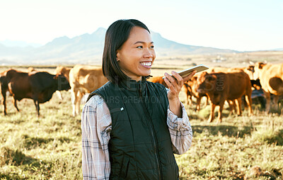 Buy stock photo Asian woman, farm and phone with smile for communication, travel or conversation in the countryside. Happy Japanese woman smiling on farming trip on call or speaker on smartphone for agriculture
