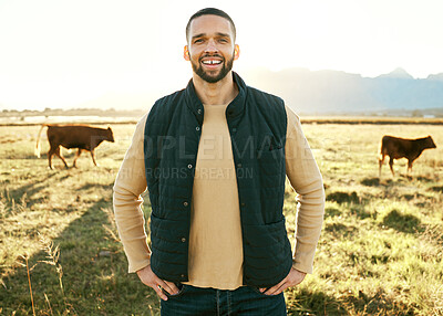 Buy stock photo Cow, portrait and countryside cattle man on a grass field looking proud of agriculture. Sustainability, eco friendly and milk farming success of an animal production management worker in nature happy