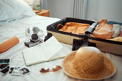 Buy stock photo Travel, luggage and bedroom with a suitcase, hat and camera on a bed in a hotel during holiday or vacation. Hospitality, tourist and resort with luggage in a room for traveling or sightseeing abroad