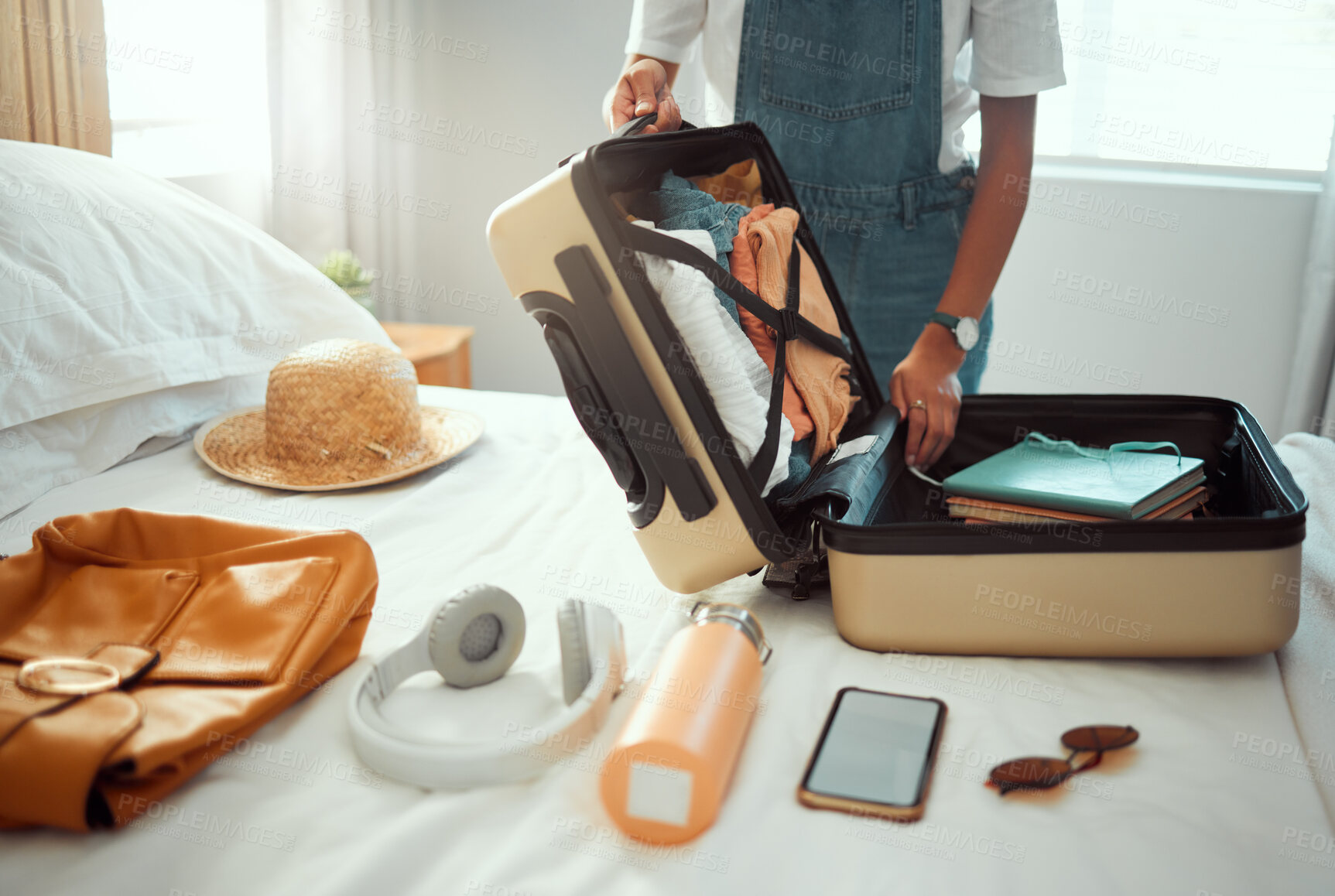 Buy stock photo Suitcase, woman and packing clothes, bag and luggage for travel, vacation and international journey, summer adventure and tourism. Closeup female tourist, hotel room and holiday clothing in baggage 
