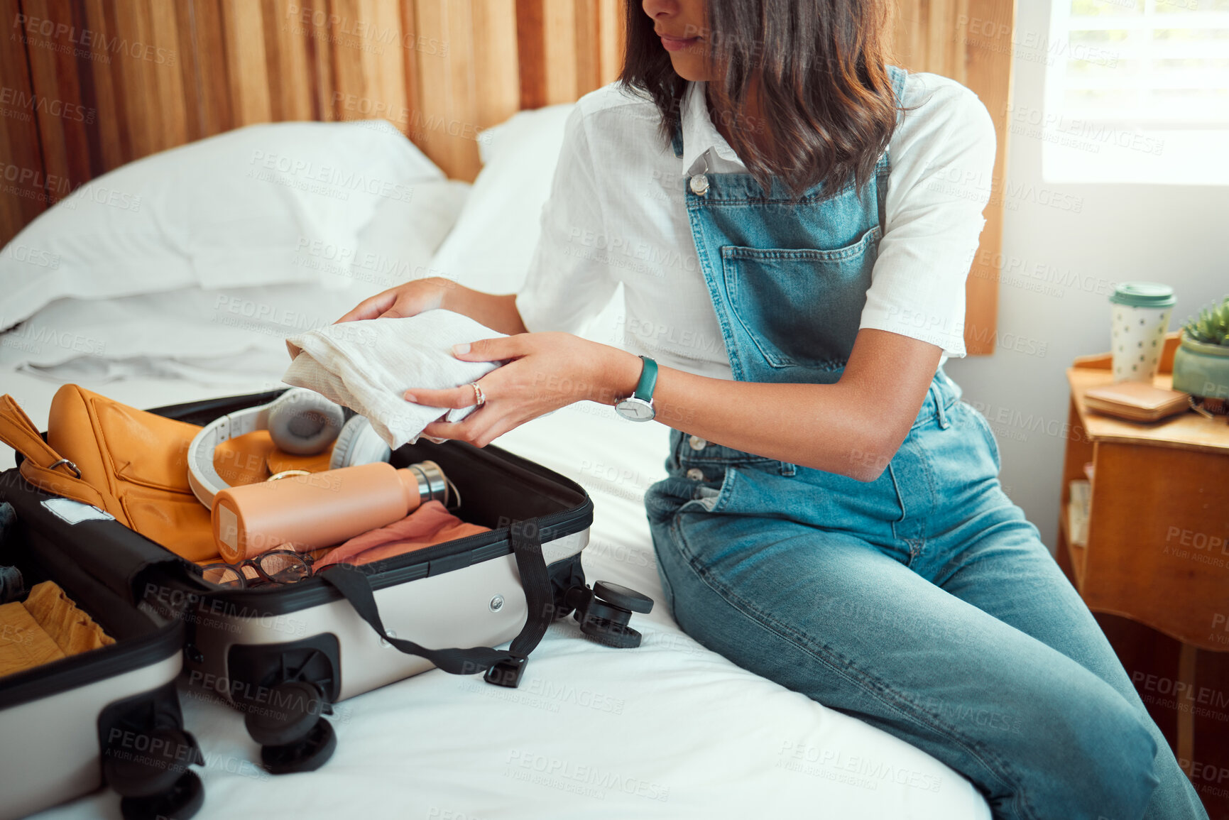 Buy stock photo Travel, suitcase and woman packing in bedroom preparing for vacation, holiday or trip. Luggage, clothing and female tourist on bed getting ready for journey, traveling and break or getaway in home.