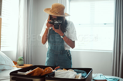 Buy stock photo Photography, travel luggage and woman with camera shooting suitcase clothes for summer vacation. Home bedroom, memory picture and photographer girl going on global holiday, adventure journey or trip