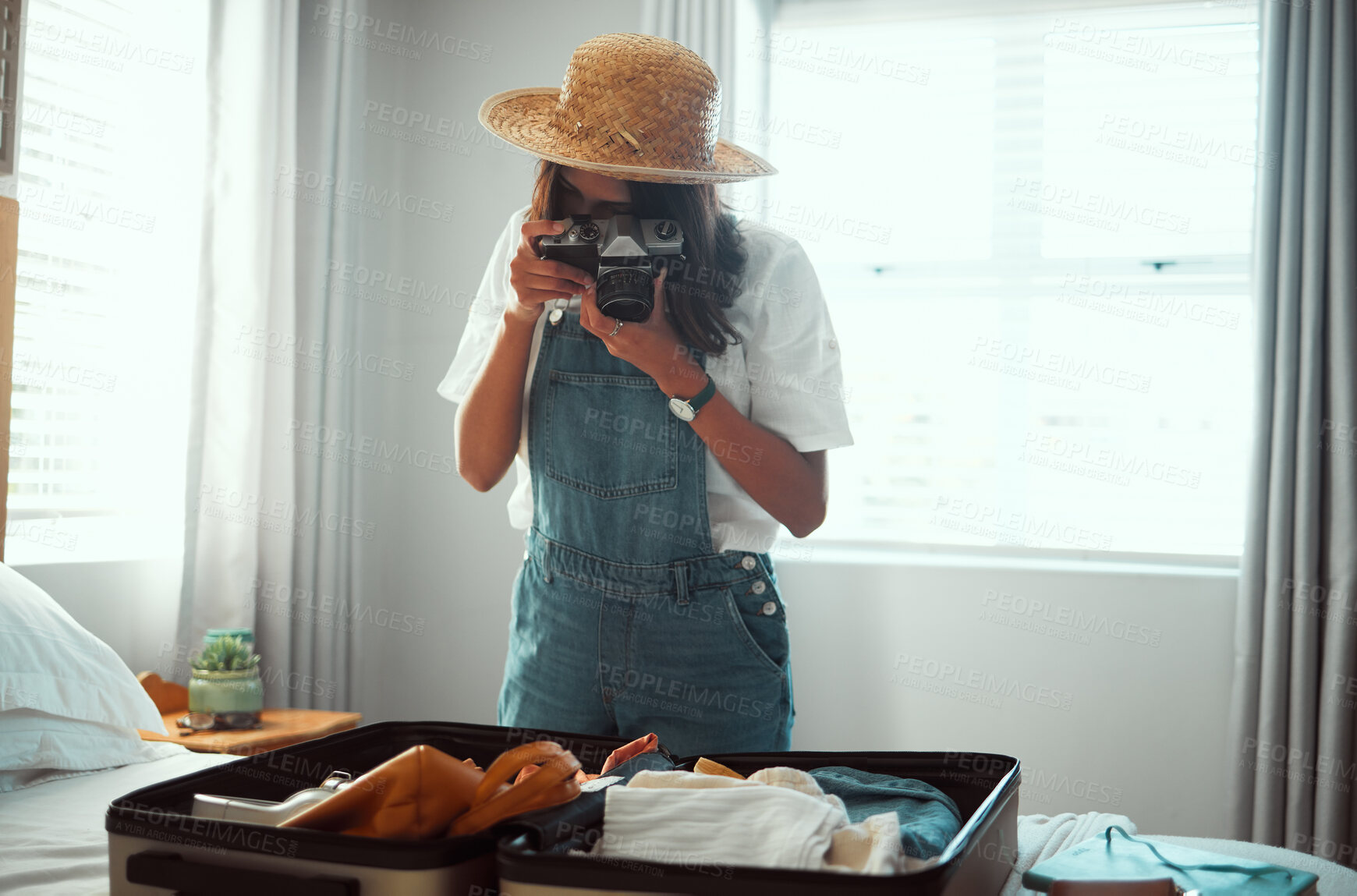 Buy stock photo Photography, travel luggage and woman with camera shooting suitcase clothes for summer vacation. Home bedroom, memory picture and photographer girl going on global holiday, adventure journey or trip
